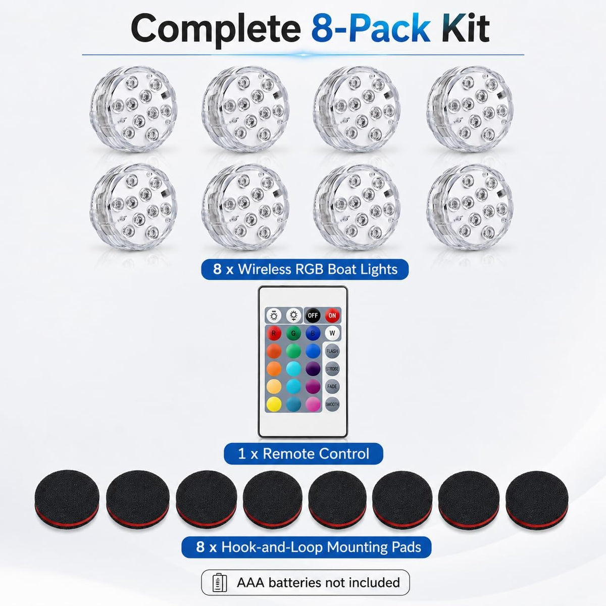 Seaponer Boat Lights Wireless Battery Operated, Waterproof Marine Led Light for Deck Light Courtesy Interior Lights, for Fishing Kayak Duck Jon Bass Boat, RGB Multi Color Remote Controlled, 8pcs