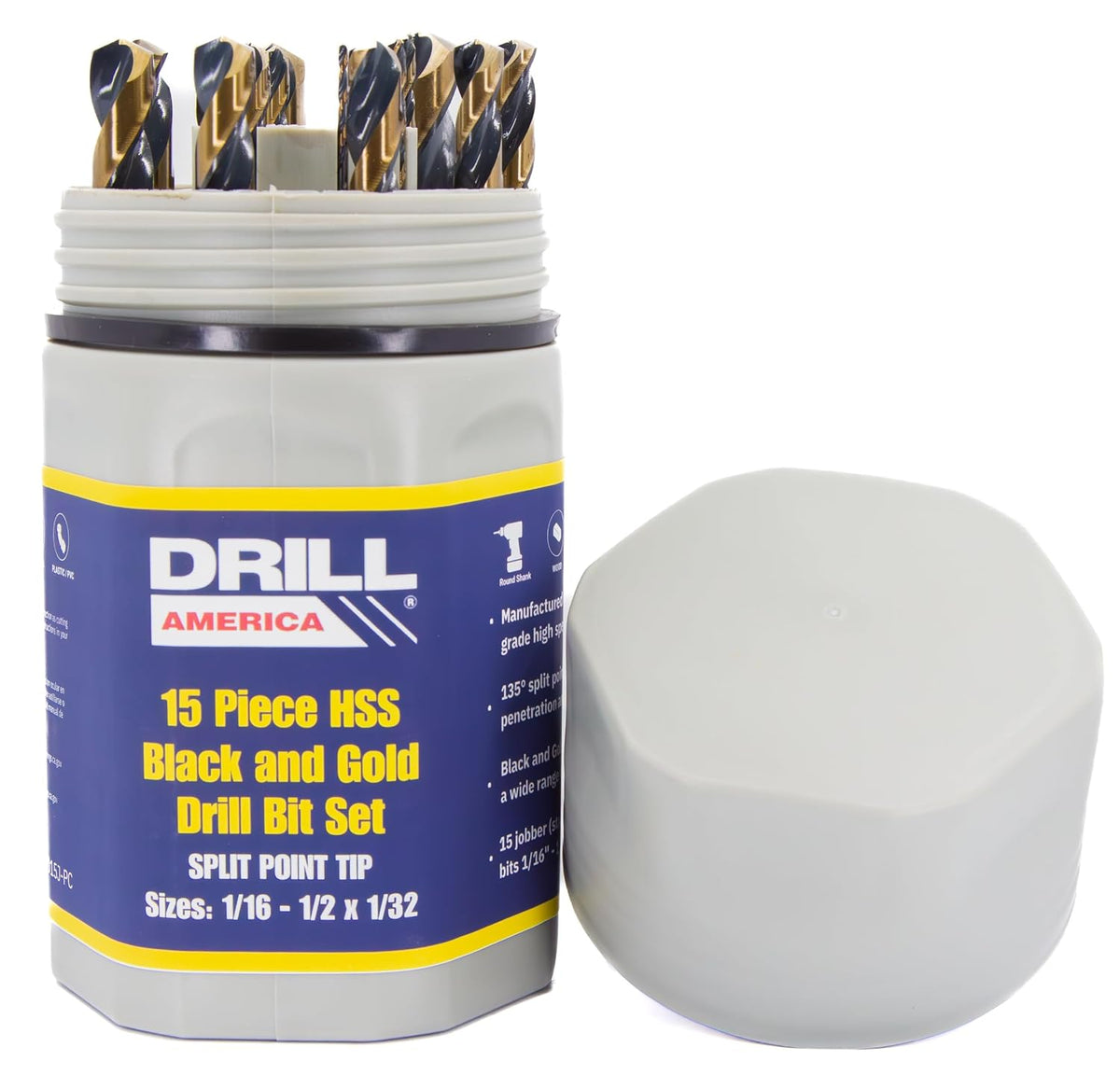 Drill America 15 Piece Heavy Dutyy High Speed Steel Drill Bit Set with Black and Gold Finish in Round Case (1/16" - 1/2" x 32nds), KFD Series
