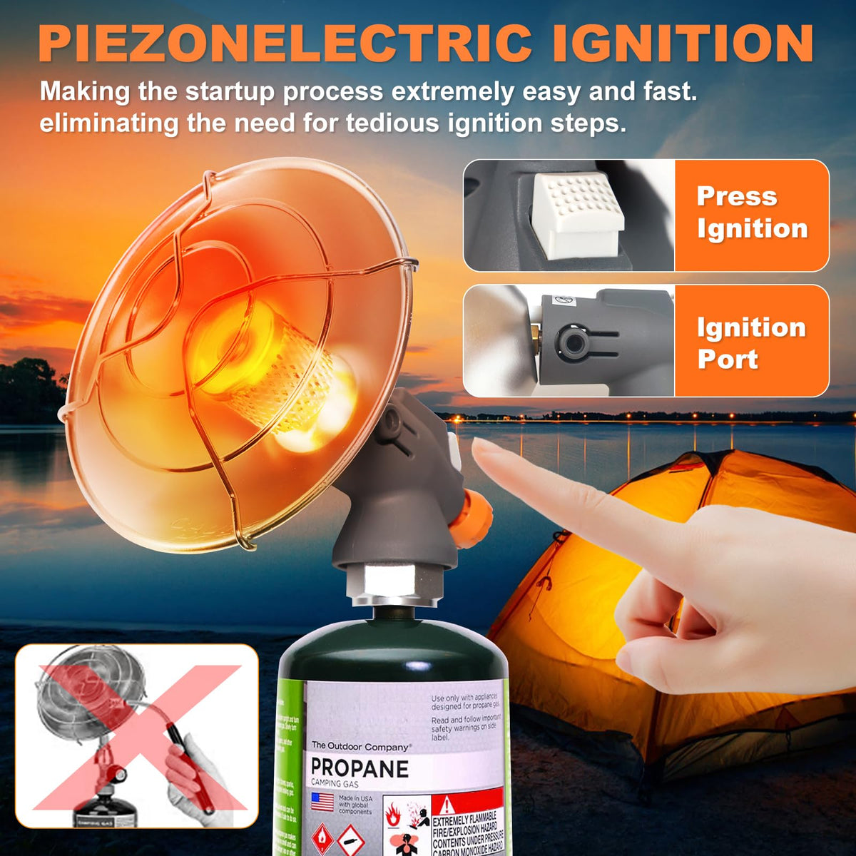 Portable Propane Heater Outdoor Camping Heater, 8500 BTU, Piezo Ignition