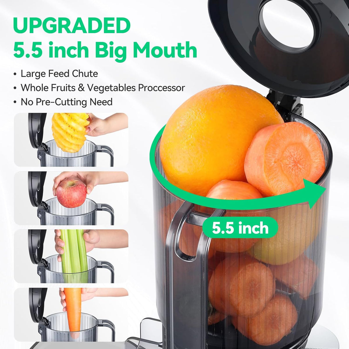 Cold Press Juicer, ORMEO HOME Masticating Juicer Machines with 5.5" Large Feed Chute Fit Whole Vegetables & Fruits