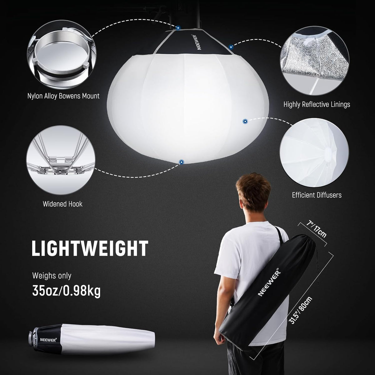 Basics Lantern Softbox, 26" Quick Release 360° Light Diffuser Bowens Mount Nylon Alloy Soft Box for Continuous