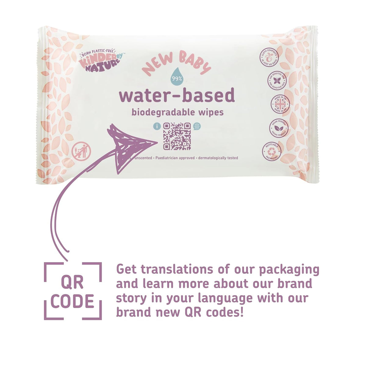 Kinder by Nature Water-Based Baby Wipes - 100% Biodegradable & Compostable, 224 Count (4 Packs of 56) - 99% Water