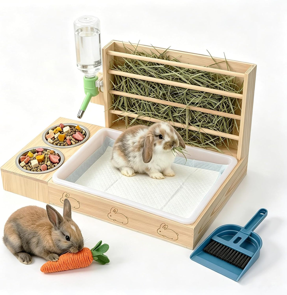 4 in 1 Rabbit Hay Feeder with Litter Box, Small Pets Hay Rack Water Bottle