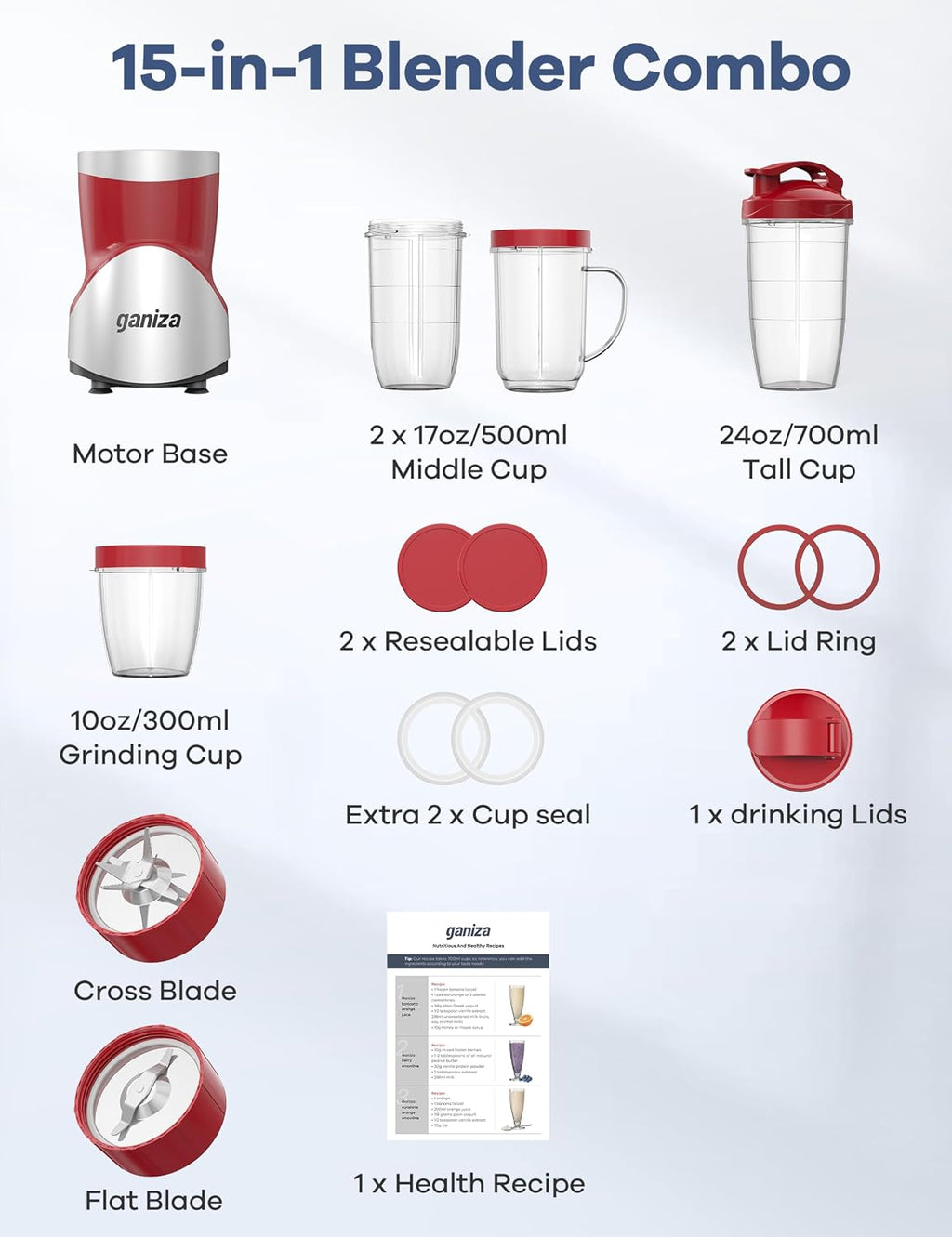 Smoothie Blender, 900W Blenders Shakes and Smoothies, Red | 15-Piece Personal Blender and Grinder Combo for Kitchen