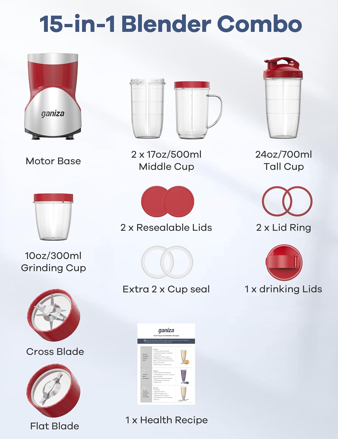 Smoothie Blender, 900W Blenders Shakes and Smoothies, Red | 15-Piece Personal Blender and Grinder Combo for Kitchen