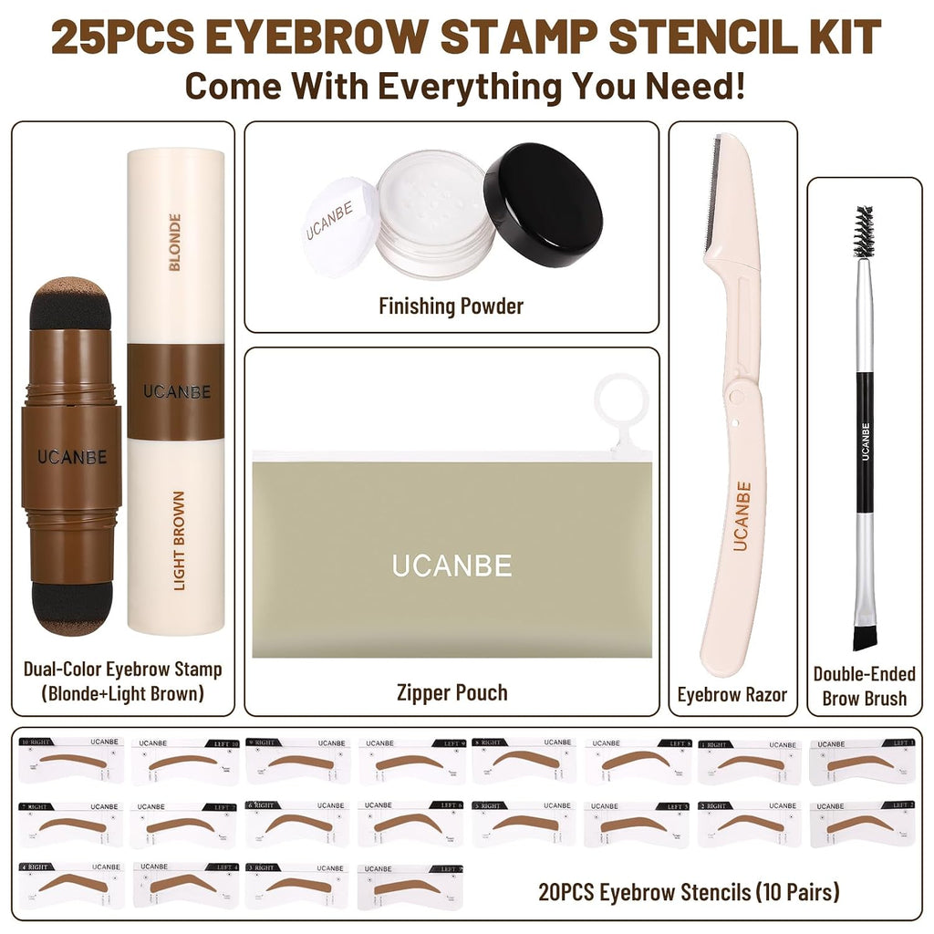 25PCS Eyebrow Stamp Stencil Kit With Dual-Color Eyebrow Stamp Pomade,20 Reusable Eyebrow Stencils,Finising