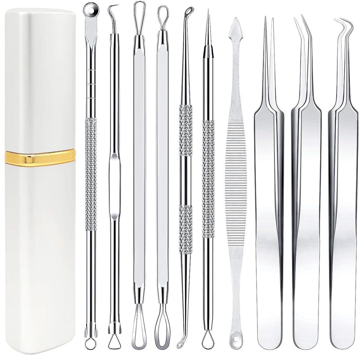 Pimple Popper Tool Kit - Boxoyx 10 Pcs Blackhead Remover Comedone Extractor Kit with Metal Case for Quick and Easy