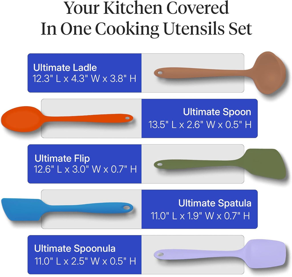 Get It Right 5 Piece Silicone Ultimate Kitchen Utensils Set - Ladle, Spatula, Flip, Spoon & Spoonula - Non-Toxic