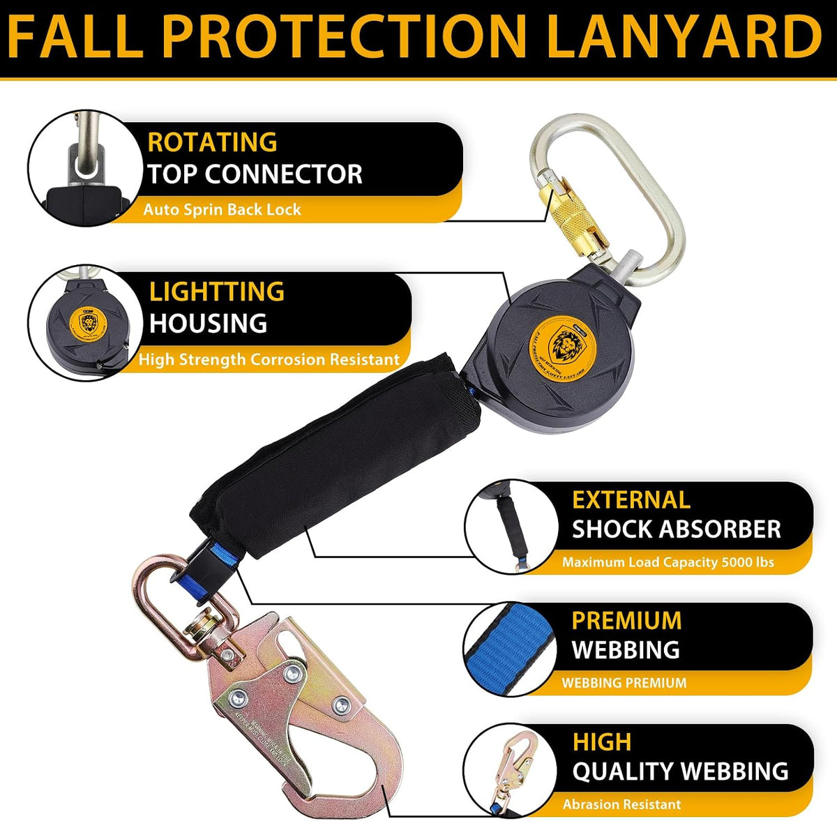 Fall Protection Safety Lanyard - 11FT Self Retracting Fall Arrest Lifeline Roofing Construction Gear OSHA/ANSI Compliant