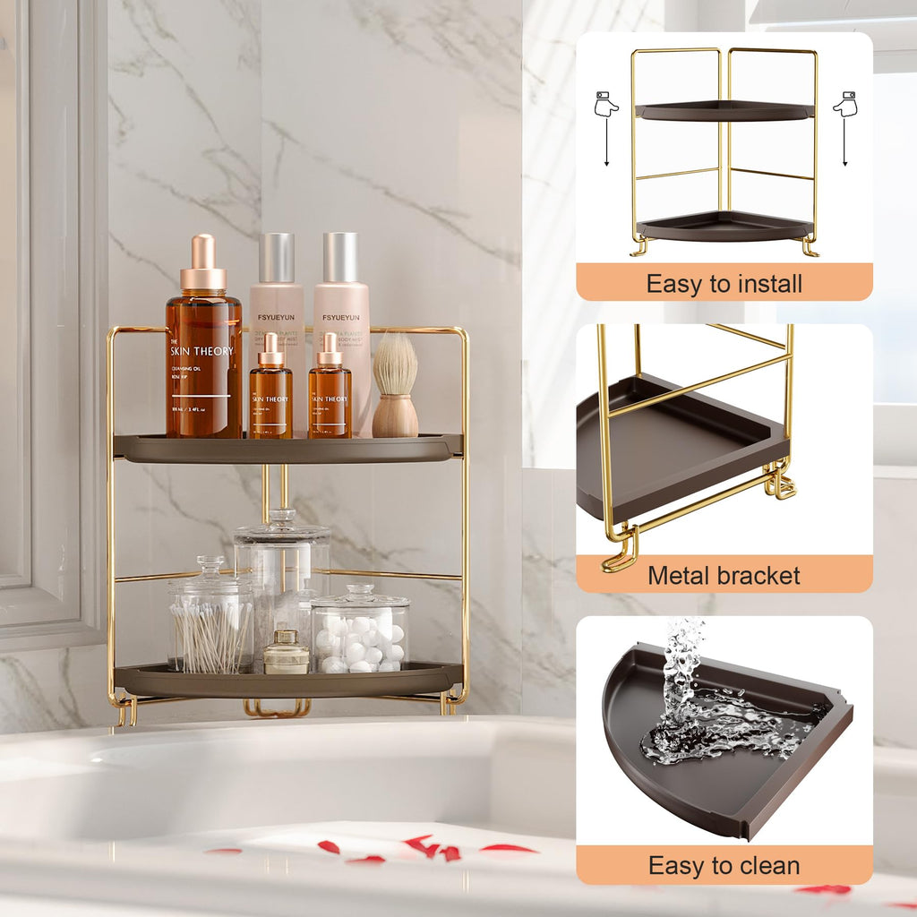 2-Tier Corner Bathroom Counter Organizer, Gold & Brown