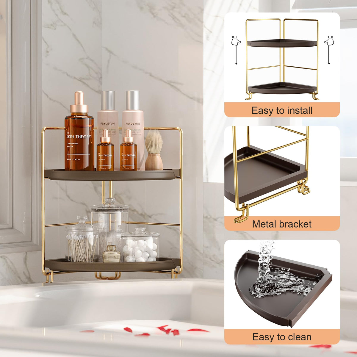 2-Tier Corner Bathroom Counter Organizer, Gold & Brown