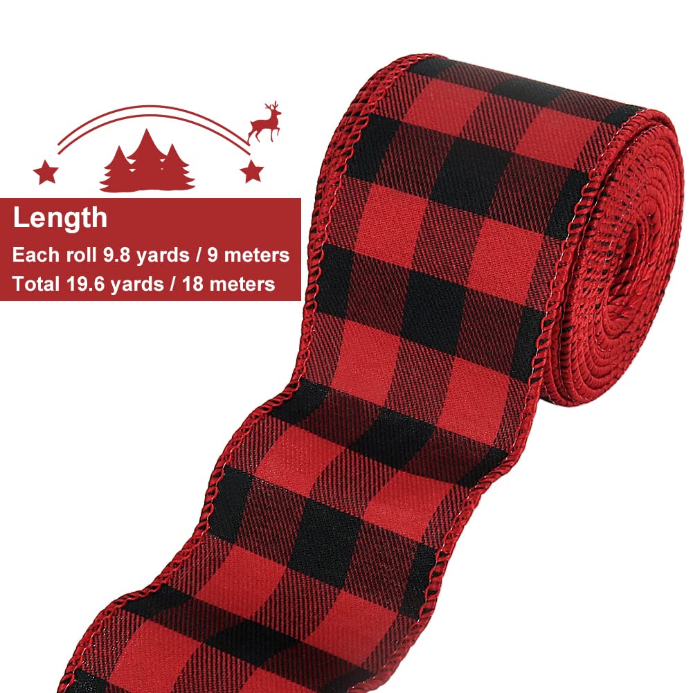 2 Roll 2.5" Buffalo Plaid Ribbon Red Wired Total 19.6 Yards