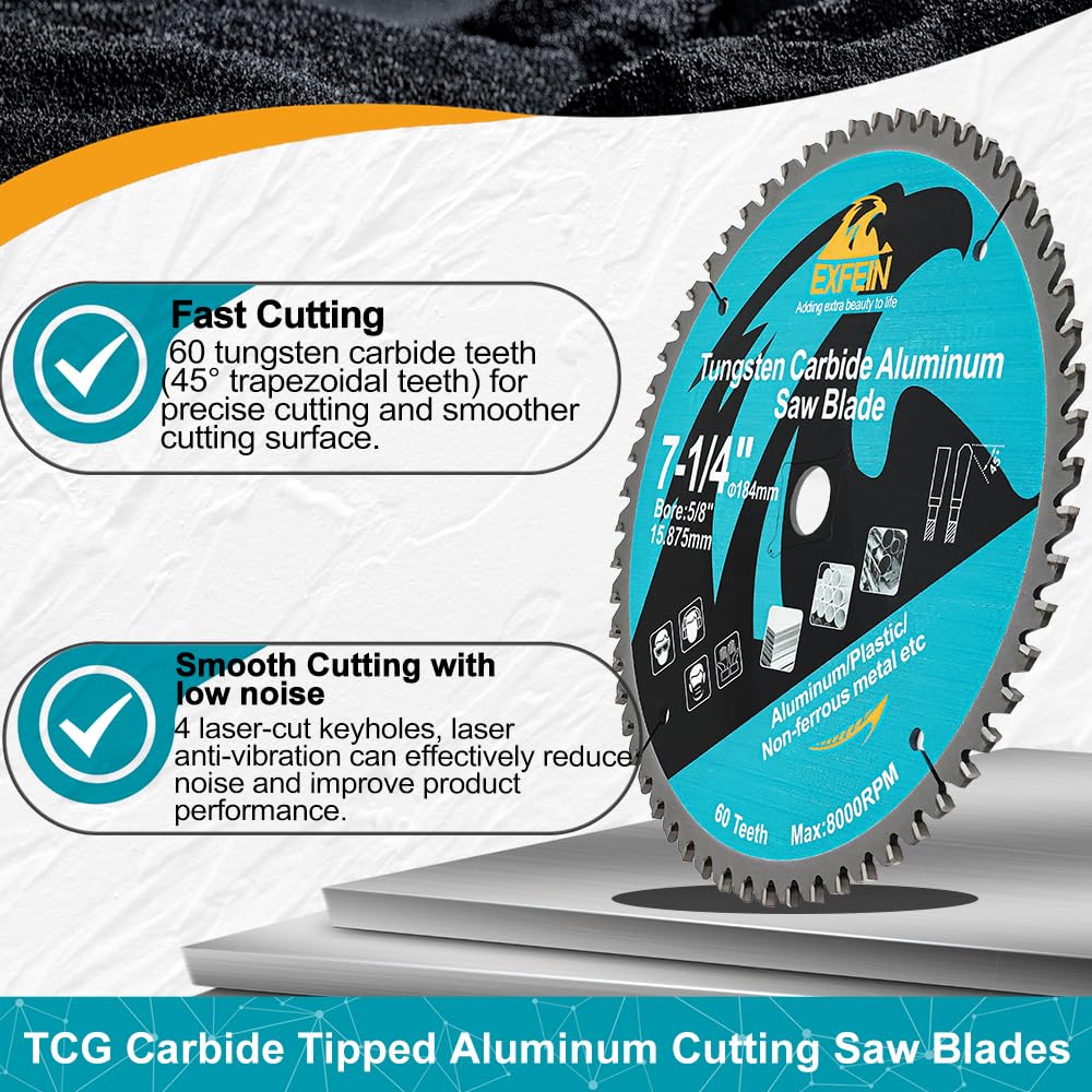 EXFEIN 7-1/4 Inch 60 Teeth Aluminum and Non-Ferrous Metal Cutting Circular Saw Blade with 5/8 Inch Arbor, TCG Carbide Saw Blade for Metal & Plastic Cutting