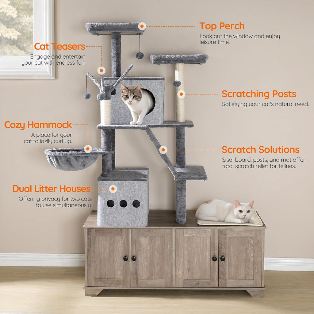 Double Litter Box Enclosure with Cat Tree, 45.3" L x 17.7" W x 68.9" H All-in-One Modern Cat Tower with Bed, Hidden