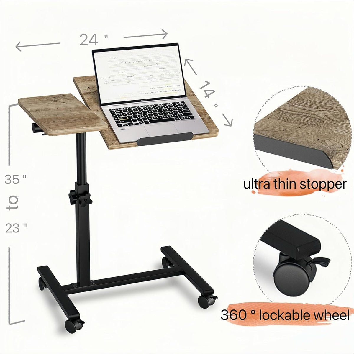 Beside Desk Overbed Table with Wheels Adjustable Height Over Bed Table Rolling Hospital Laptop Stand for Couch Tray