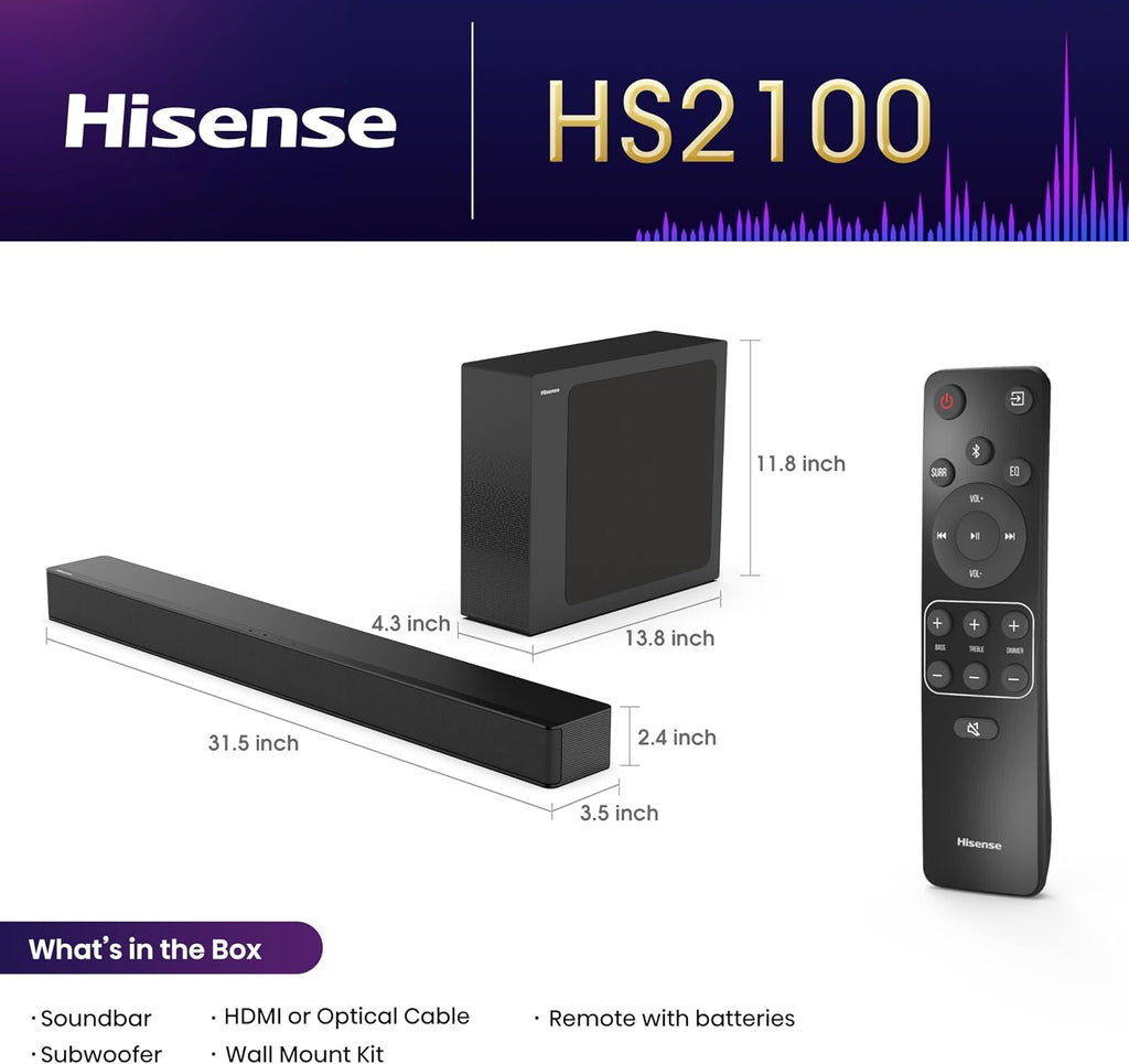 HS2100 2.1ch Soundbar with Wireless Subwoofer, Dolby Audio, DTS Virtual:X, HDMI ARC, Bluetooth 5.3, Remote Control, 6