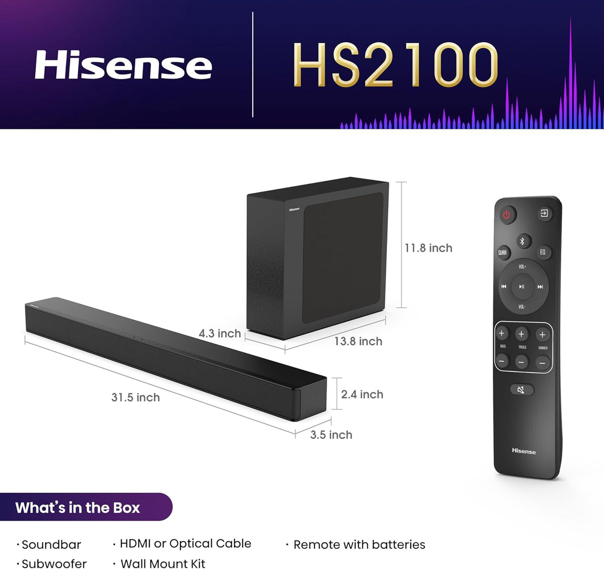 HS2100 2.1ch Soundbar with Wireless Subwoofer, Dolby Audio, DTS Virtual:X, HDMI ARC, Bluetooth 5.3, Remote Control, 6