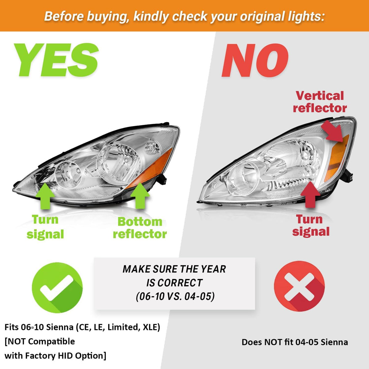 Replacement Headlights for 06-10 Toyota Sienna CE LE XLE