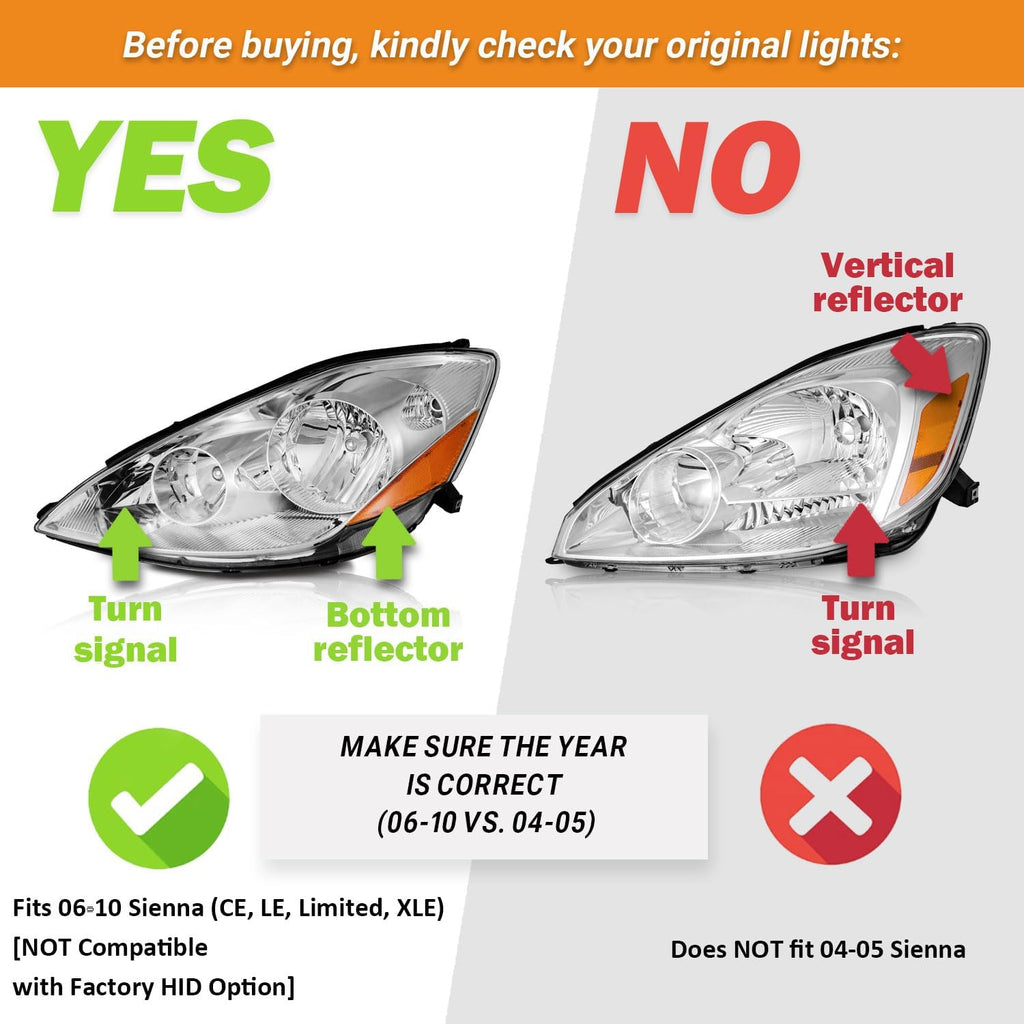 WEELMOTO Halogen Headlights Assembly for 2006-2010 Toyota Sienna