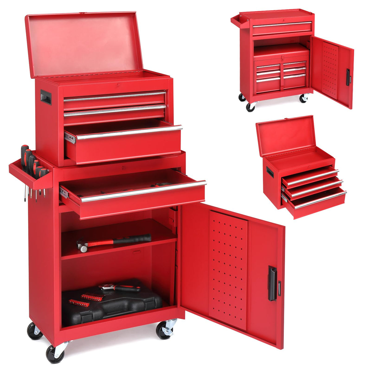 4-Drawer Rolling Tool Chest, 2-in-1 Large Storage Toolbox, Red