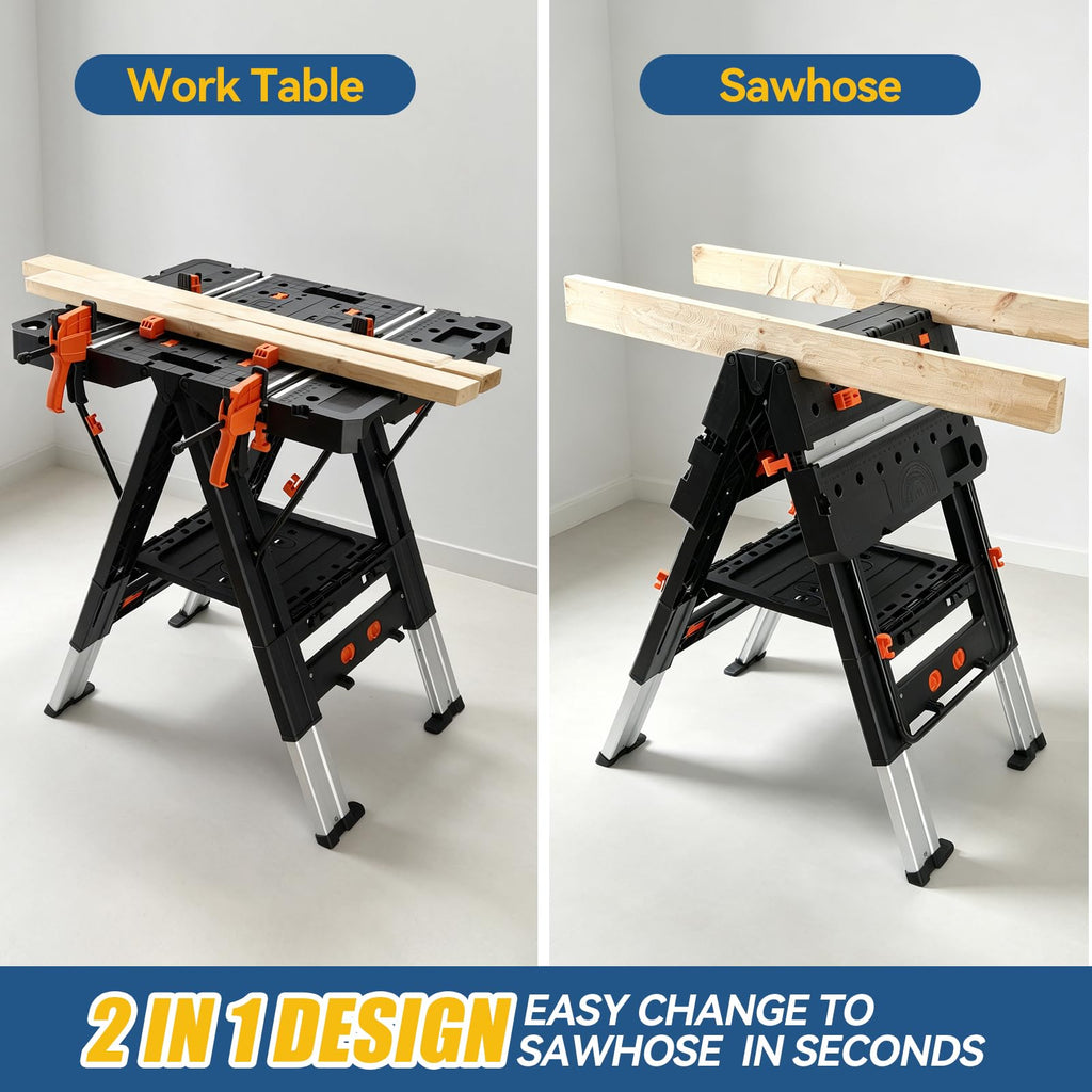 Portable Folding Workbench, Work Table & Sawhorse 2-in-1, 800 LBS Load