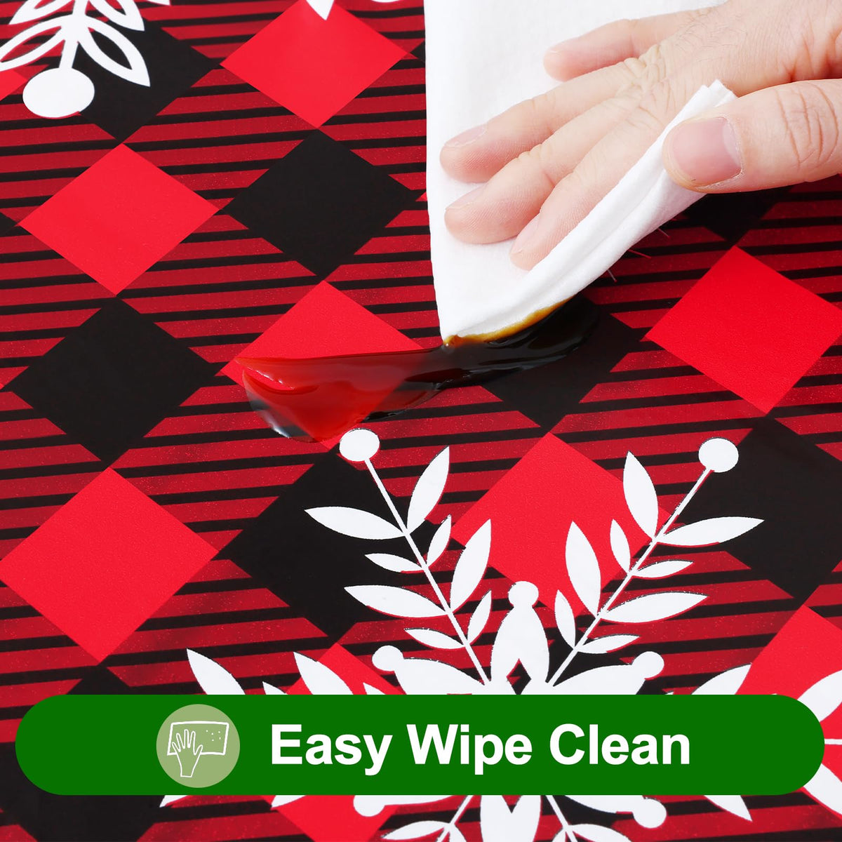 Christmas Rectangle Table Cloth, Waterproof Vinyl Tablecloth with Flannel Backing, Wipeable Bufflo Checked Snowflake