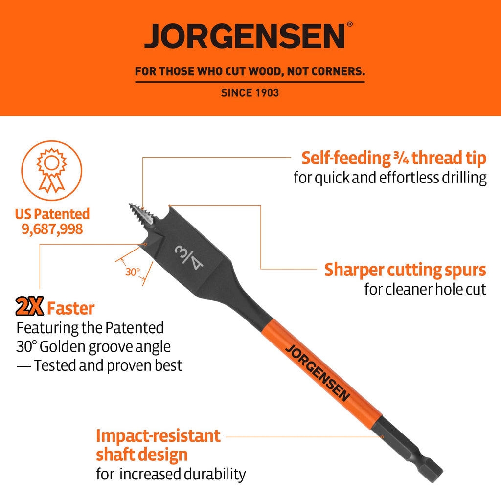 Jorgensen 2-Piece 3/4" x 6" Spade Drill Bits, 1/4" Hex Shank