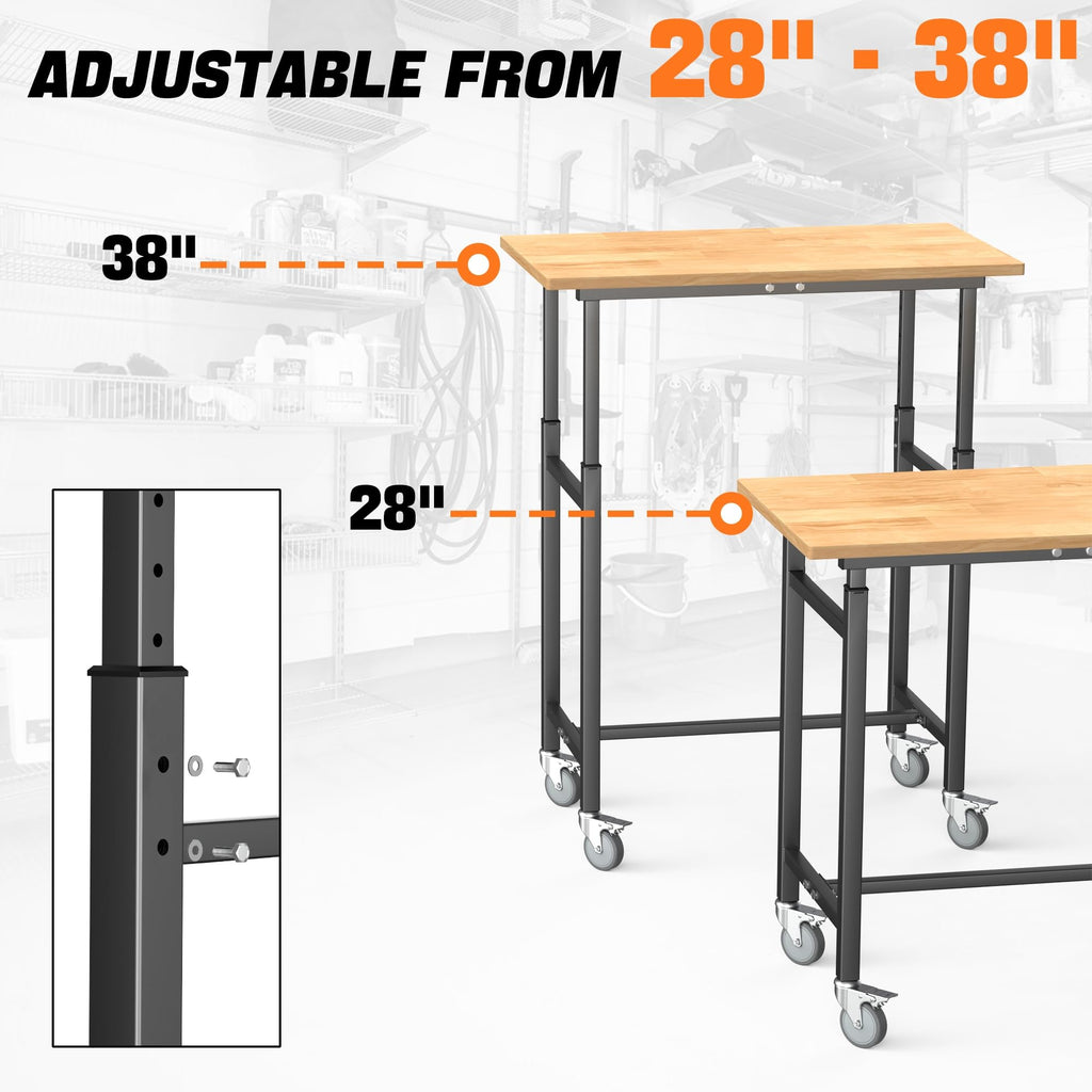 Adjustable Workbench with Rubberwood Top, Rolling 32x18 in Worktable