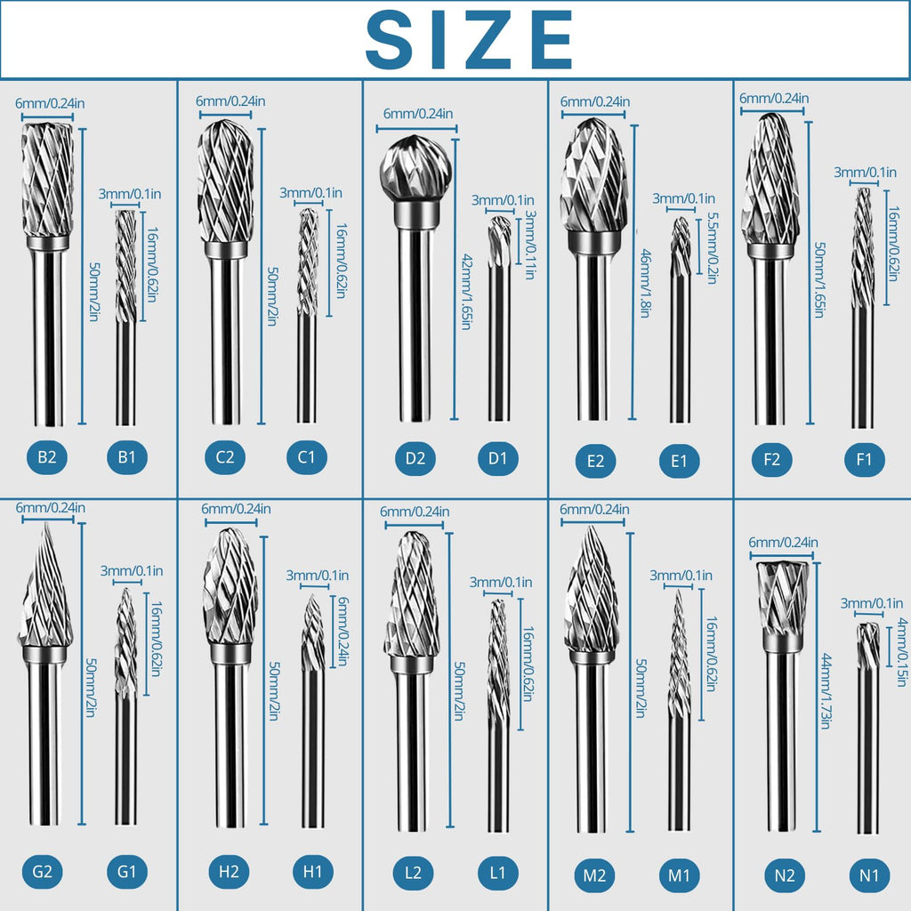 20 Pcs Double Cut Carbide Rotary Burr Set 1/8" Shank Compatible with Dremel for Metal Glass Woodworking, Drilling, Carving, Engraving, Polishing Cutting with 2 Collets