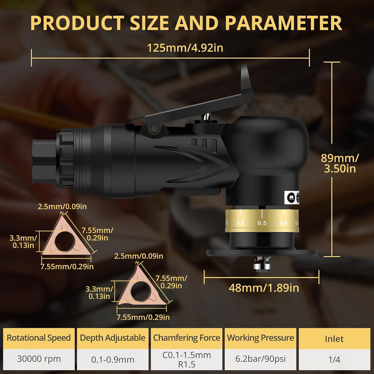 AMTOVL Pneumatic Chamfering Tool - Mini Air Chamfer Tool with 6 C-Angle & 6 R-Angle Blades, 45° 30000 RPM Chamfering Tool for Metal and Wood with 1/4" Air Inlet
