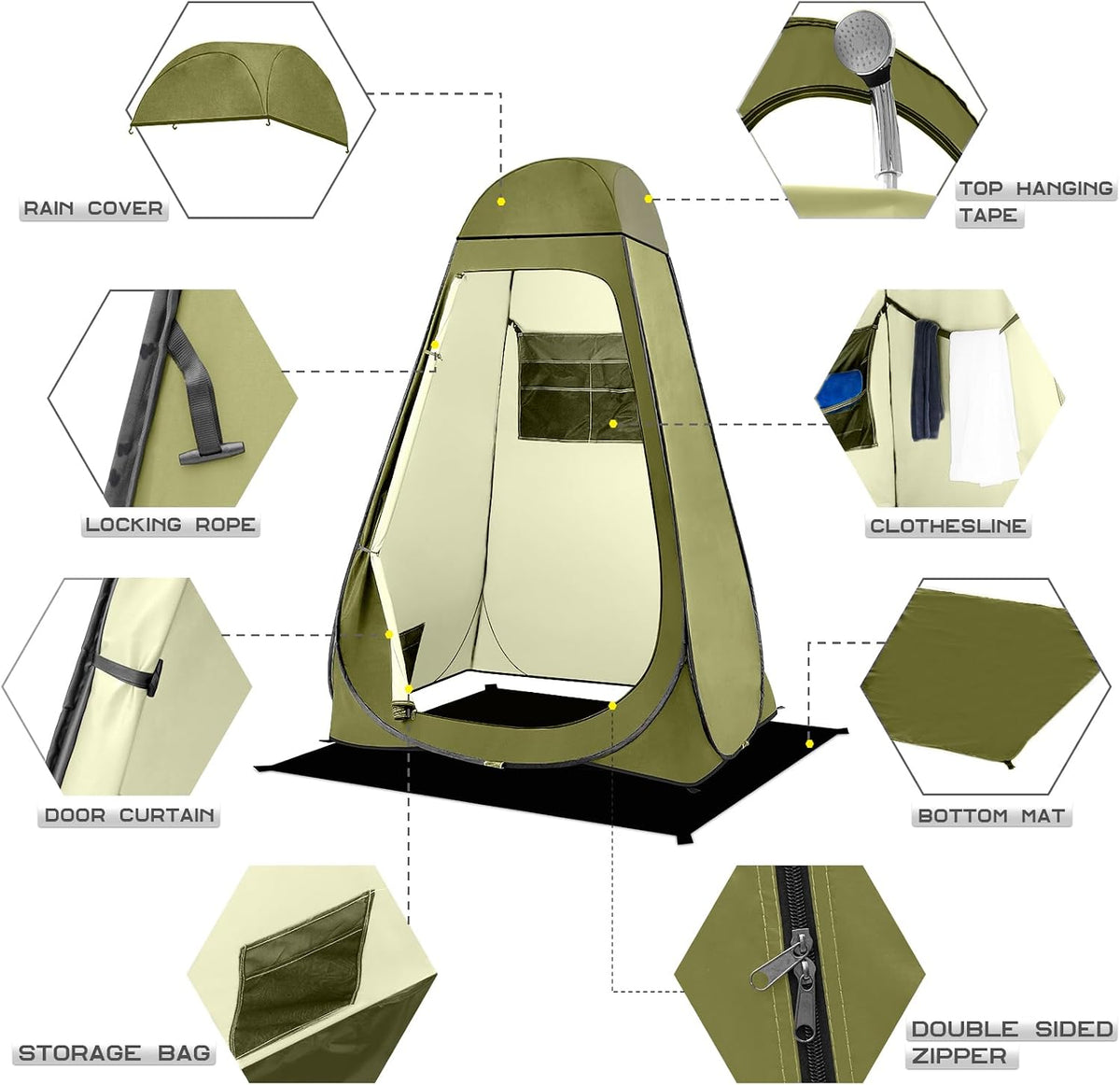 Pop Up Shower Tent, Portable Changing Tent with Rain Shelter & Windows, Privacy Tent for Camping, Toilet or Bathroom