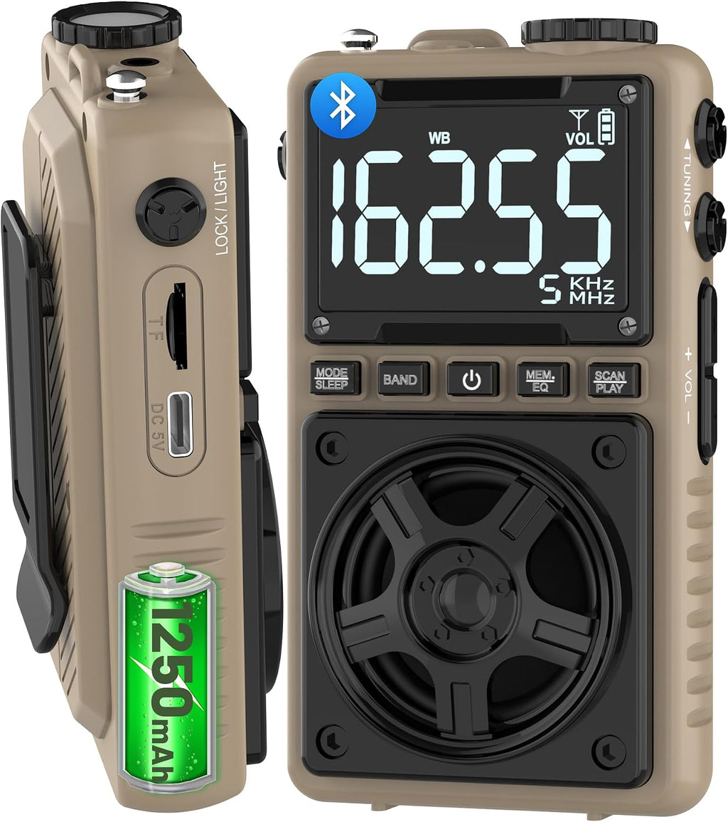 AM FM Shortwave Radio with NOAA Weather Alert,1250mAh Rechargeable Battery | Bluetooth Portable Pocket Radio with