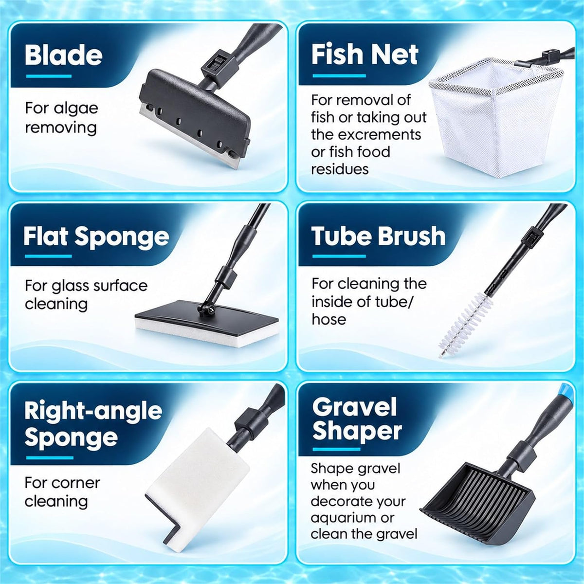 6 in 1 Aquarium Cleaning Tool Kit Fish Tank Cleaning Kit for 20-160 Gallon Tank with Telescopic Long Handle, Algae