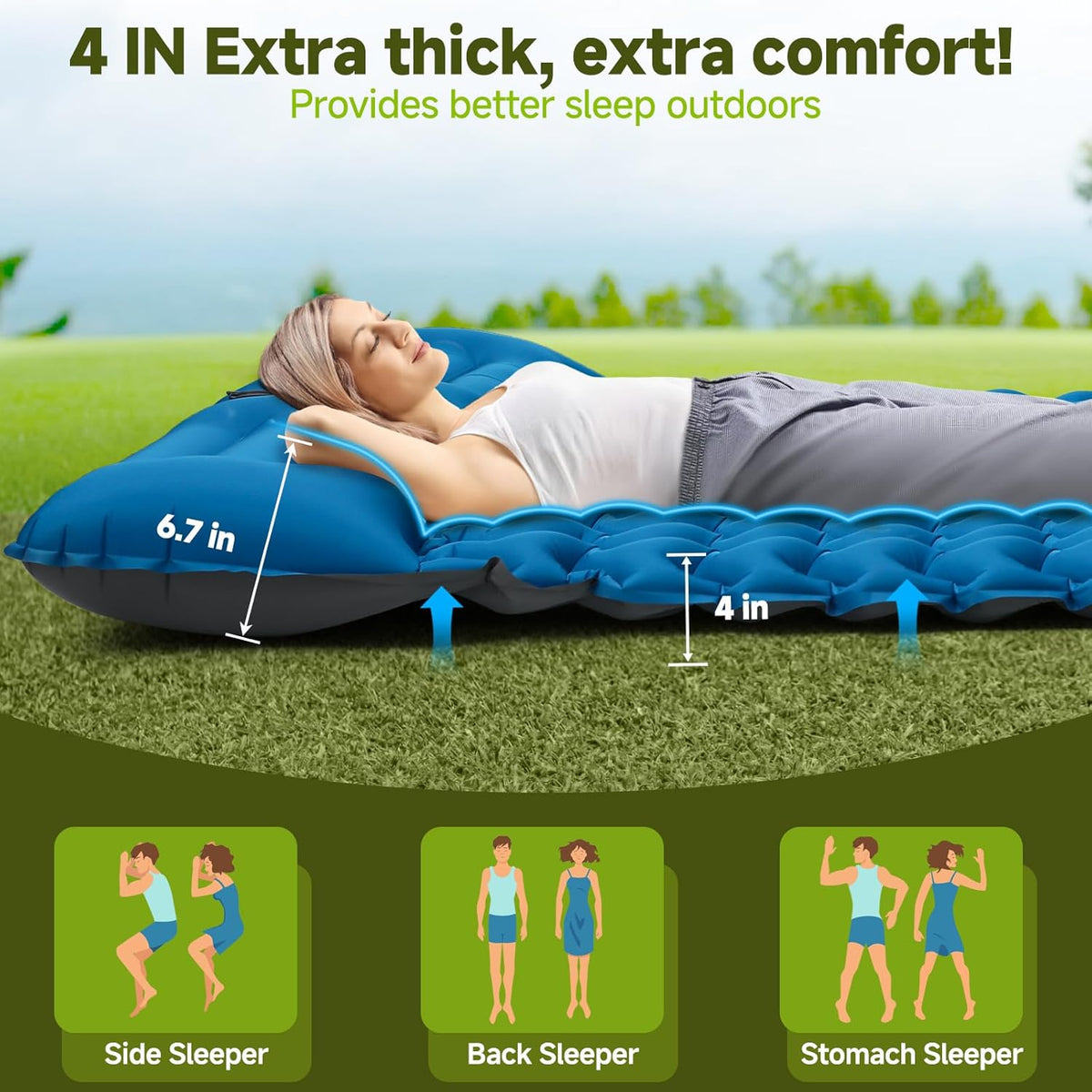 Double Camping Sleeping Pad, 4"" Extra Thick 2 Person Inflatable Sleeping Pad with Built-in Foot Pump & Pillow