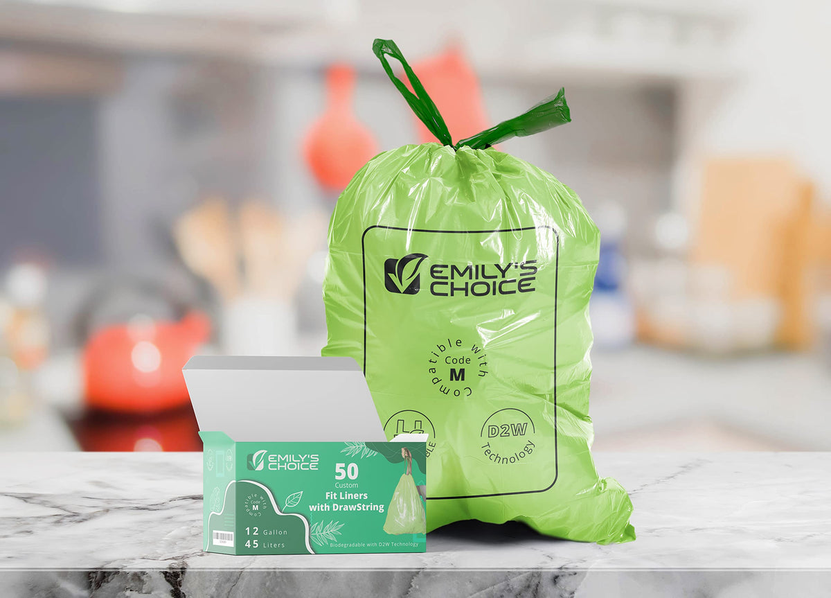 Heavy Duty Biodegradable Trash Bag Code M (50 Count)with D2W Technology, Custom Fit Trash Bag compatible with