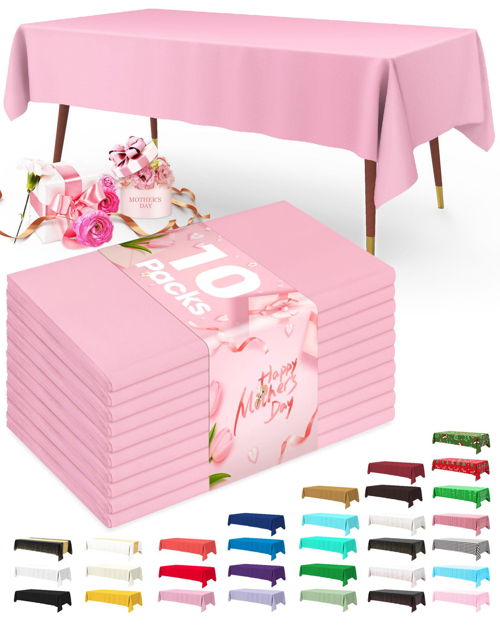 Plastic Table Cloth Disposable 10 Pack, 54 x 108 Inch Table Cloths, Easter Party, Valentines, Mothers Day