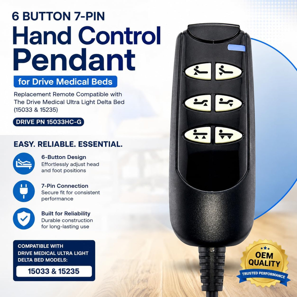 6 Button 7-Pin Hand Control Pendant for The Drive Medical Ultra Light Delta Bed (15033 & 15235) - Replacement Remote Compatible with Listed Model Hospital Beds Only, Drive PN 15033HC-G