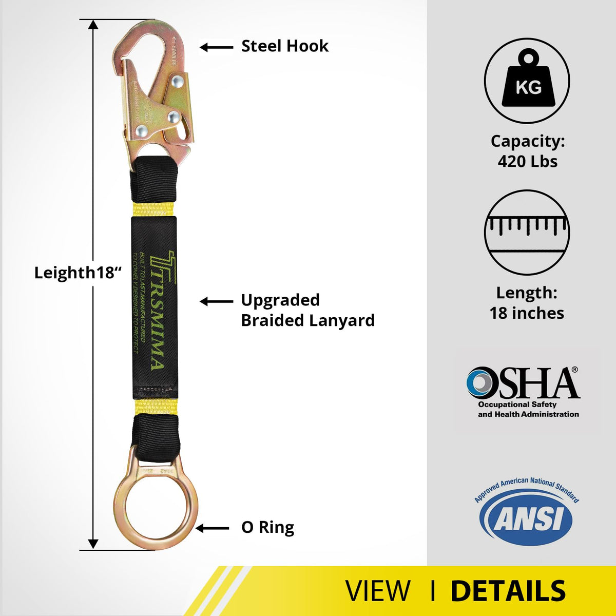 TRSMIMA Safety Harness Extension Lanyard - 18”D-ring Extender