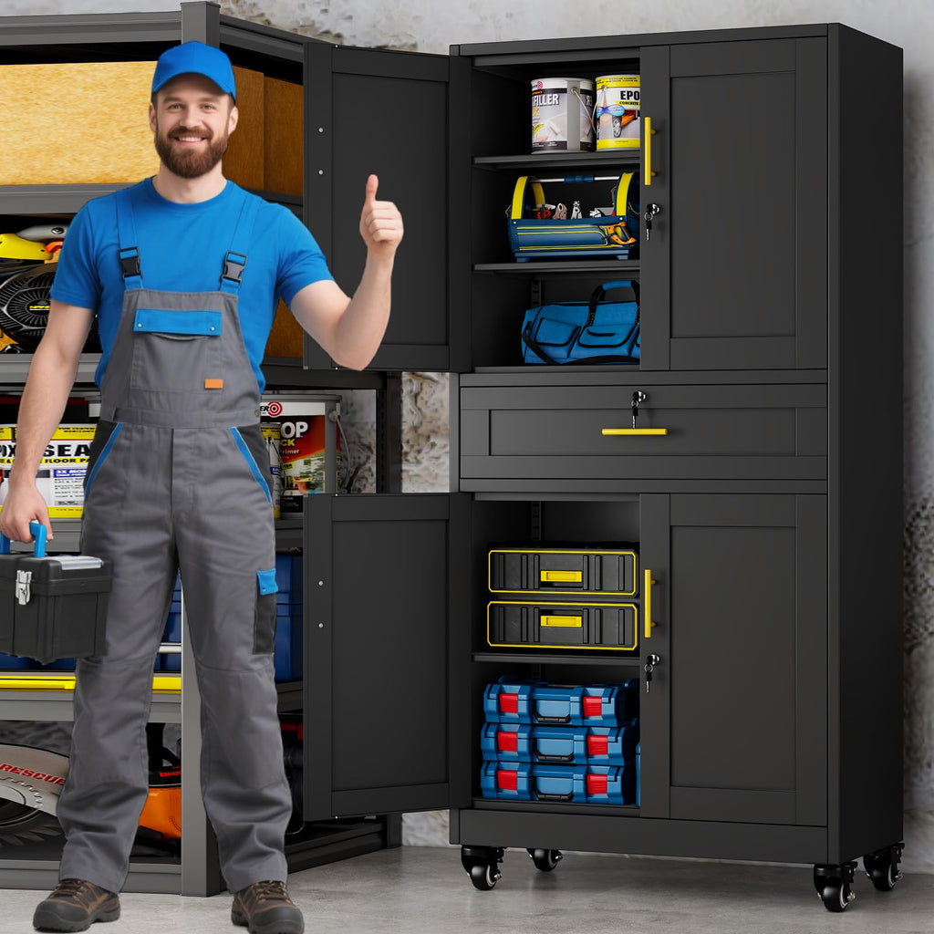 74" Metal Garage Storage Cabinet with Wheels and Locking Doors