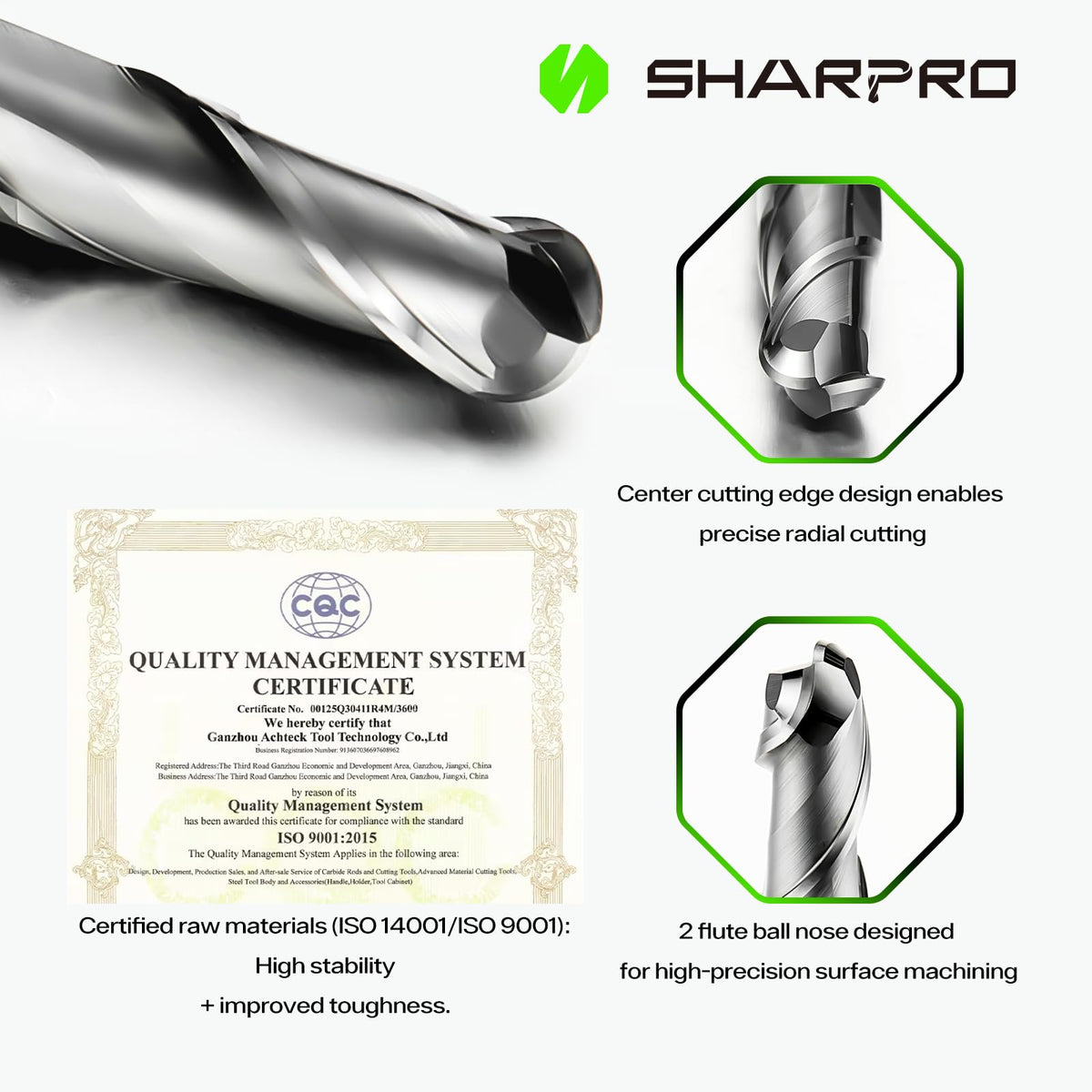 SHARPRO 1/4'' Shank Carbide Ball Nose End Mill Bits, 2 Flute Solid Carbide