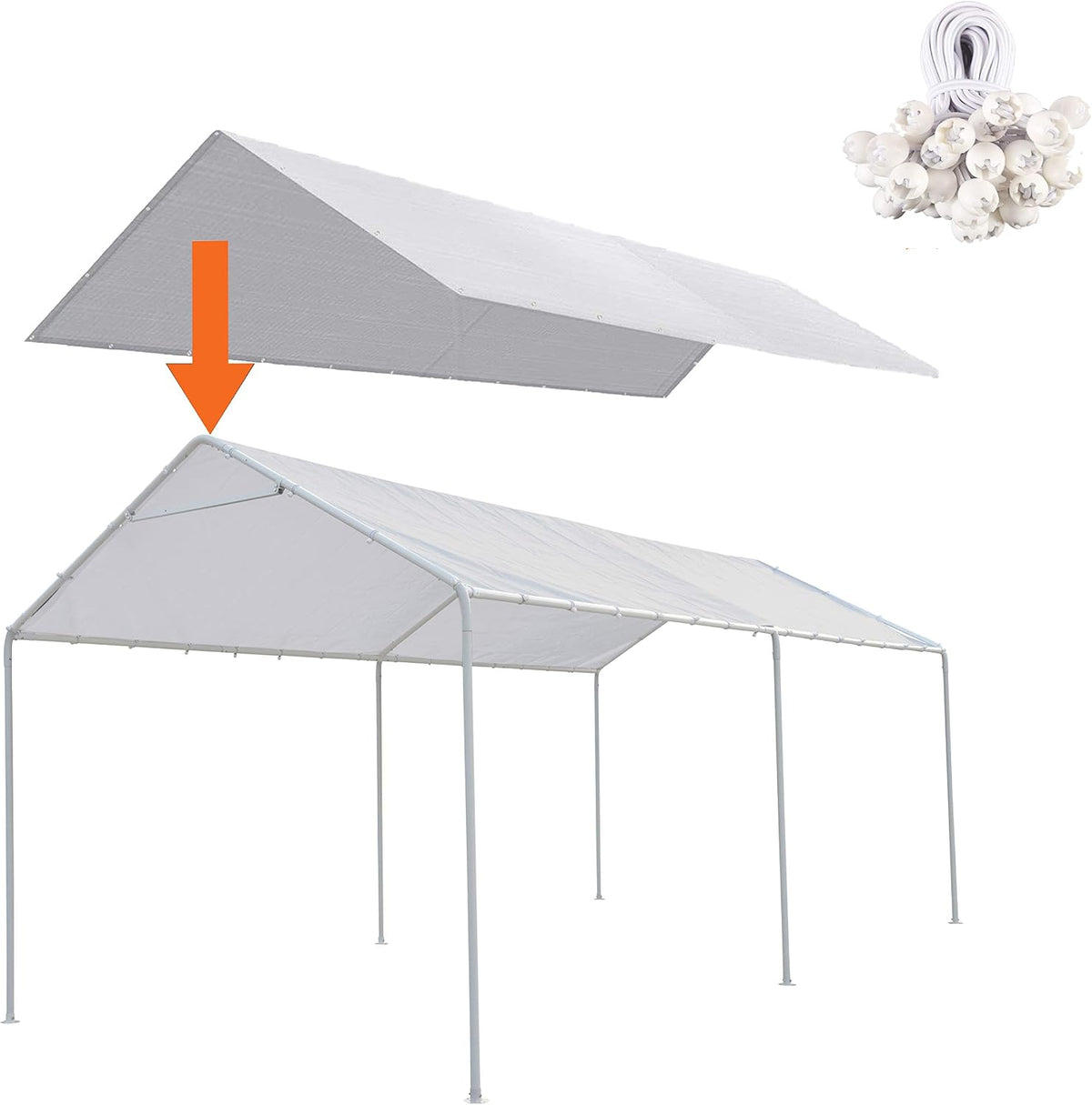 10 x 20 Ft Carport Replacement Canopy Cover Garage Top Tent Shelter Tarp with Free 44 Ball Bungee Cords,White(Only