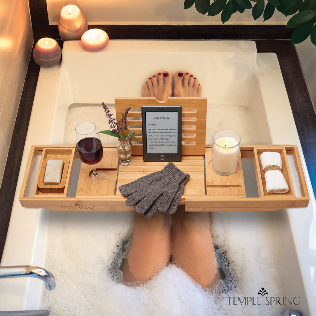 Bamboo Bathtub Tray Caddy for Tub — Expandable Wood Bath Tray with Solid Book Stand Wine Holder and Non-Slip Pads —