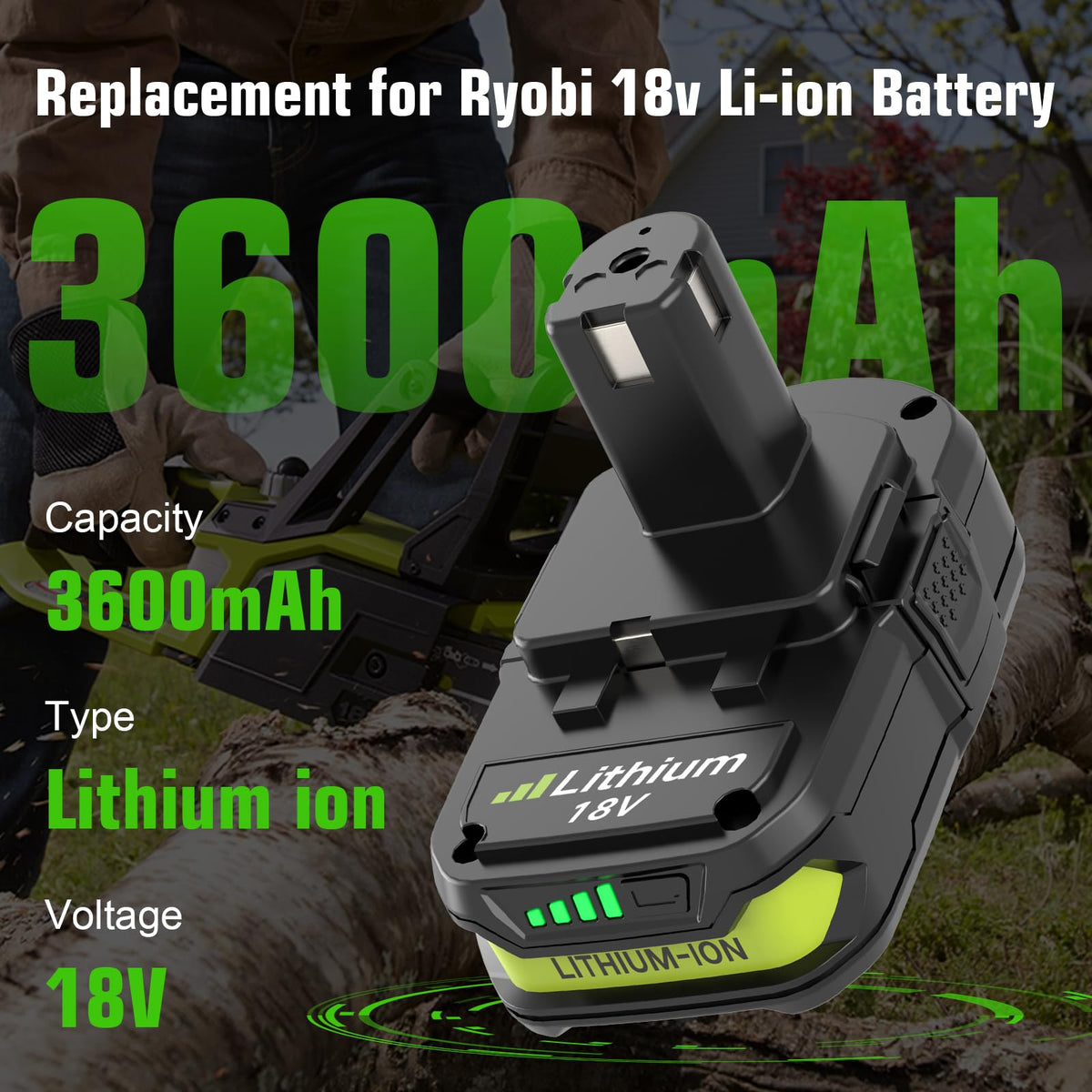 2 Packs 3600mAh Replacement for Ryobi P102 18V Battery(Green)