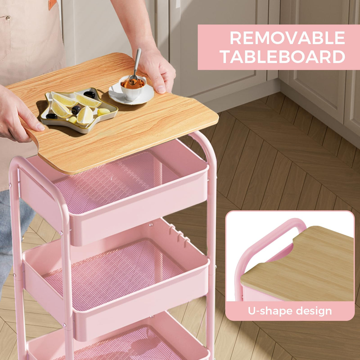 3-Tier Rolling Cart with Table Top, Metal Utility Cart on Wheels