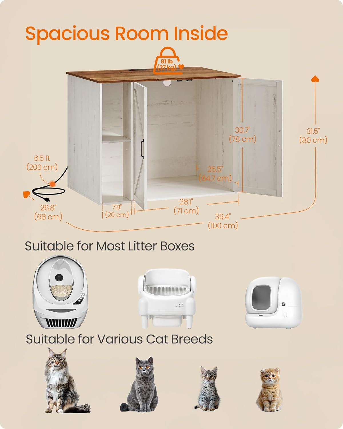 Cat Litter Box Enclosure, Hidden Cat Washroom with Power Outlet