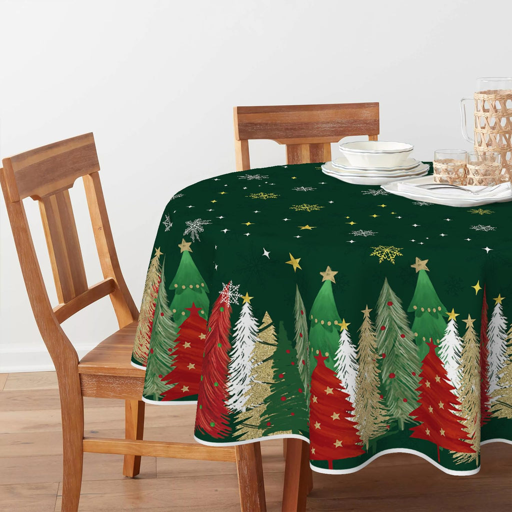 Christmas Tablecloth 70 x 70 Inch Round Christmas Trees Green