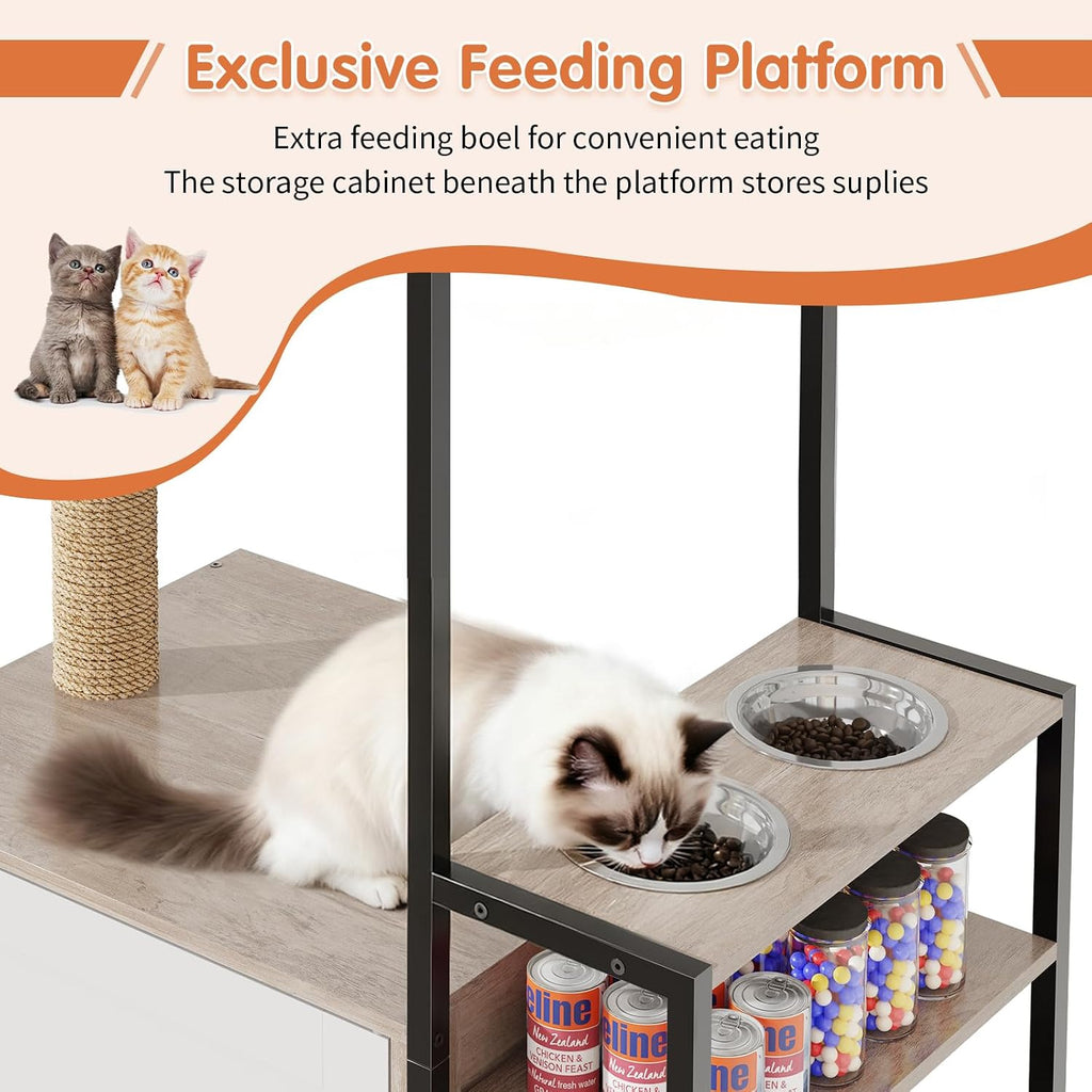 Cat Tree with Food Station and Litter Box Enclosure, Multi-Level Cat Tree Tower with Sisal Scratch Posts for