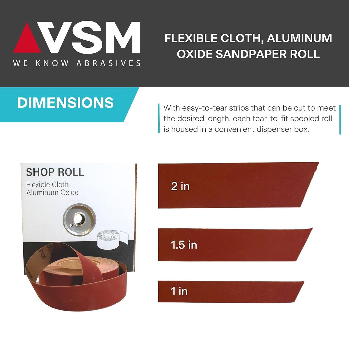 VSM 1-1/2" x 50yd (150'), 80 Grit (Medium) Aluminum Oxide Sanding Shop Roll, F-Weight Cotton Cloth Backed Sandpaper Roll for Hand Finishing, Woodworking, Metal Working, Polishing