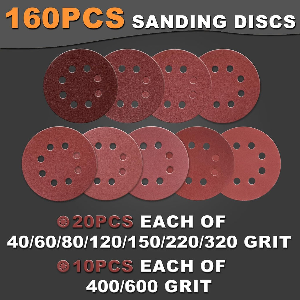 160Pcs 5-Inch 8-Hole Hook & Loop 40-600 Assorted Grit Sanding Discs
