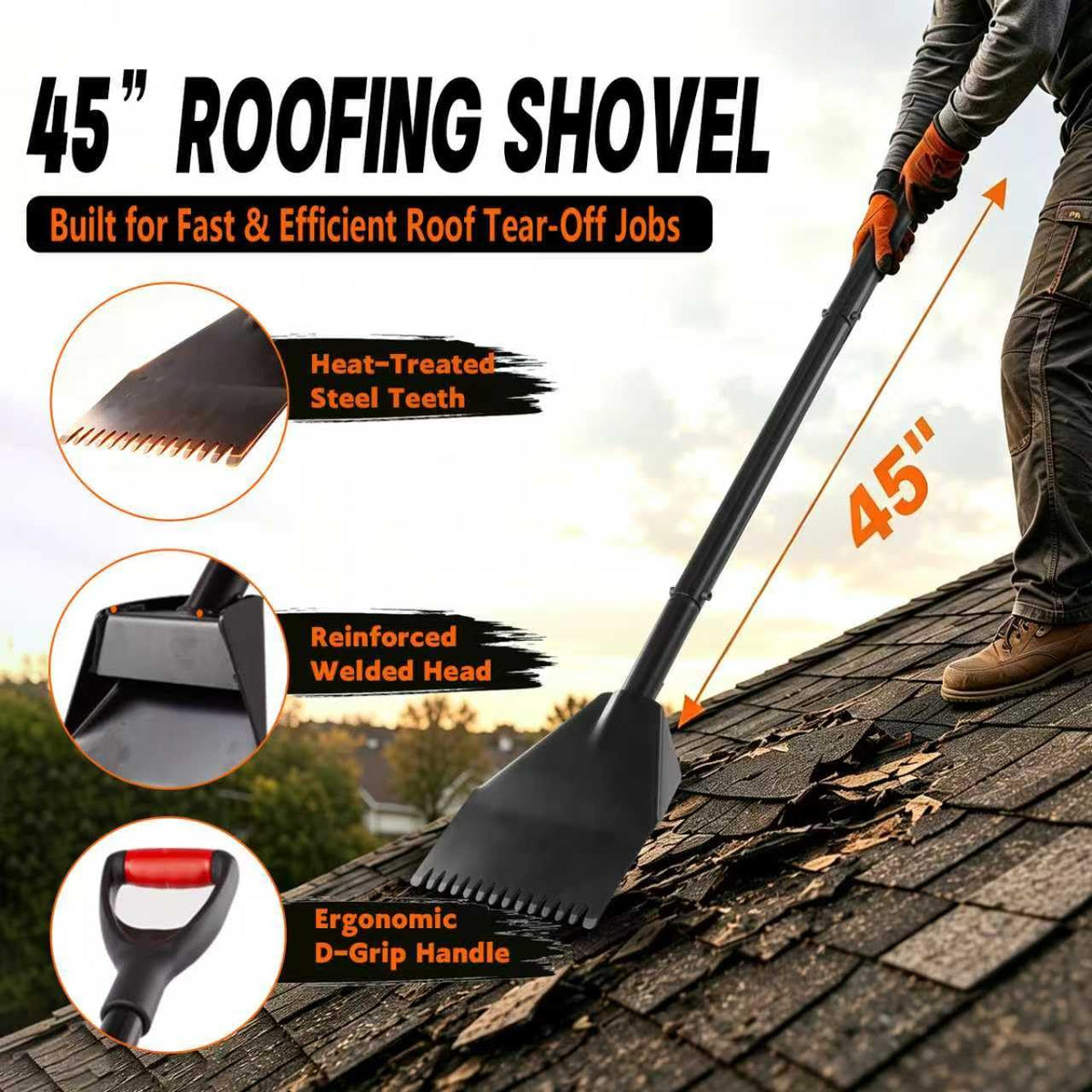 Heavy Duty Roofing Shovel with Gloves，45in Shingle Removal Tool